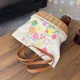 Women’s Straw Shoulder Bag – Patchwork Canvas Printed Bucket Tote with Large Capacity for Shopping & Travel 👜🌴