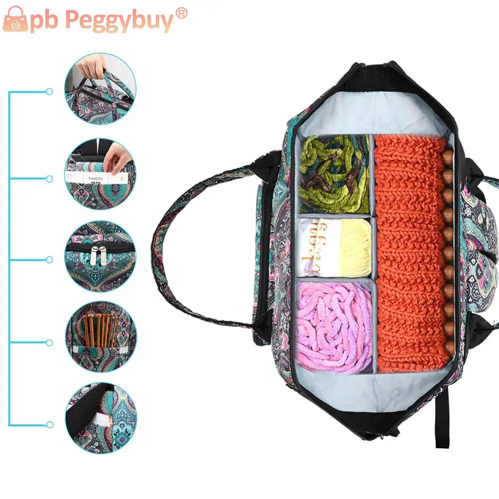 Nylon Knitting & Crochet Yarn Organizer Bag – Portable Lightweight Craft Tote | Wear-Resistant Sewing & Hook Storage with USB Port