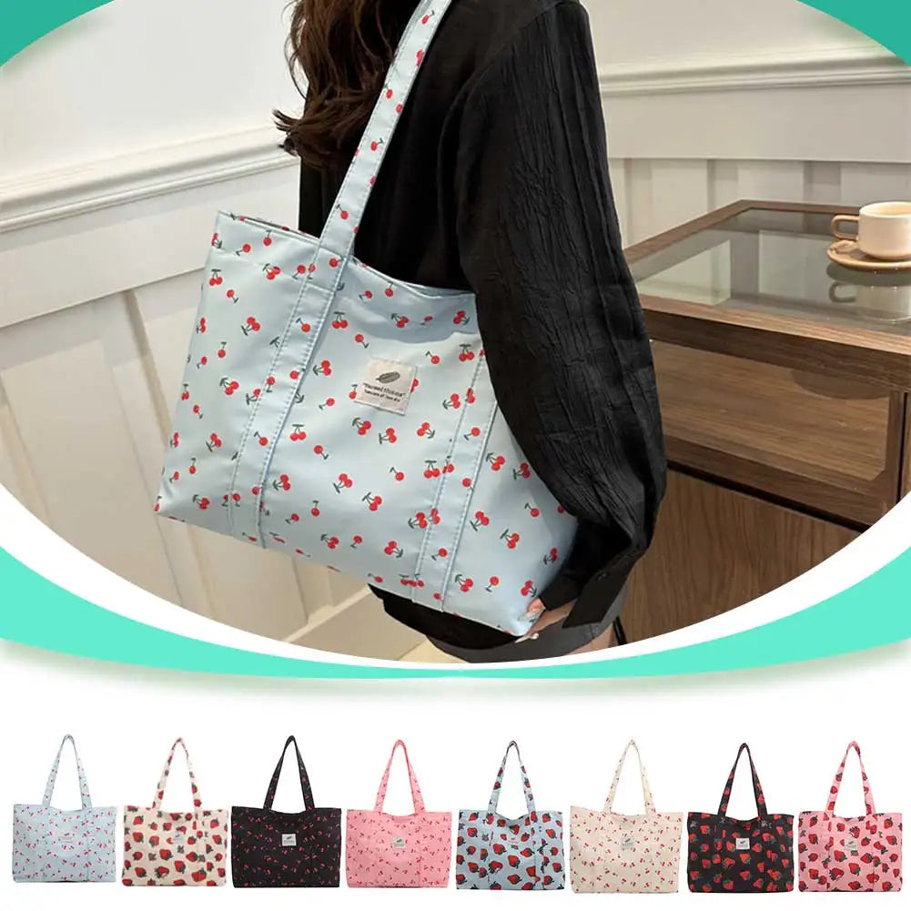 Cherry & Strawberry Print Large Capacity Canvas Tote – Nylon Top-Handle Shoulder Bag