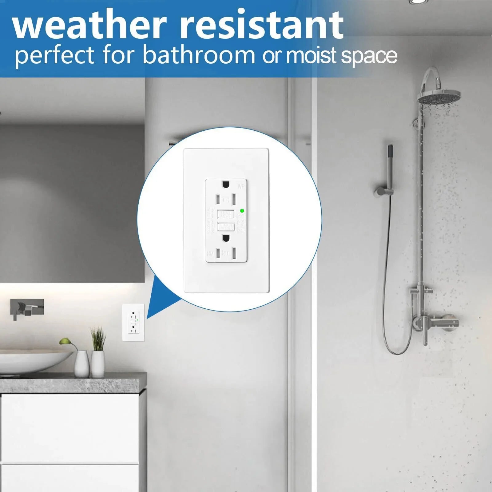 GFCI Outlet 15A – Weather & Tamper Resistant White Wall Socket with LED Indicator, Safe Power Outlet for Kitchen, Bathroom & Outdoor Use