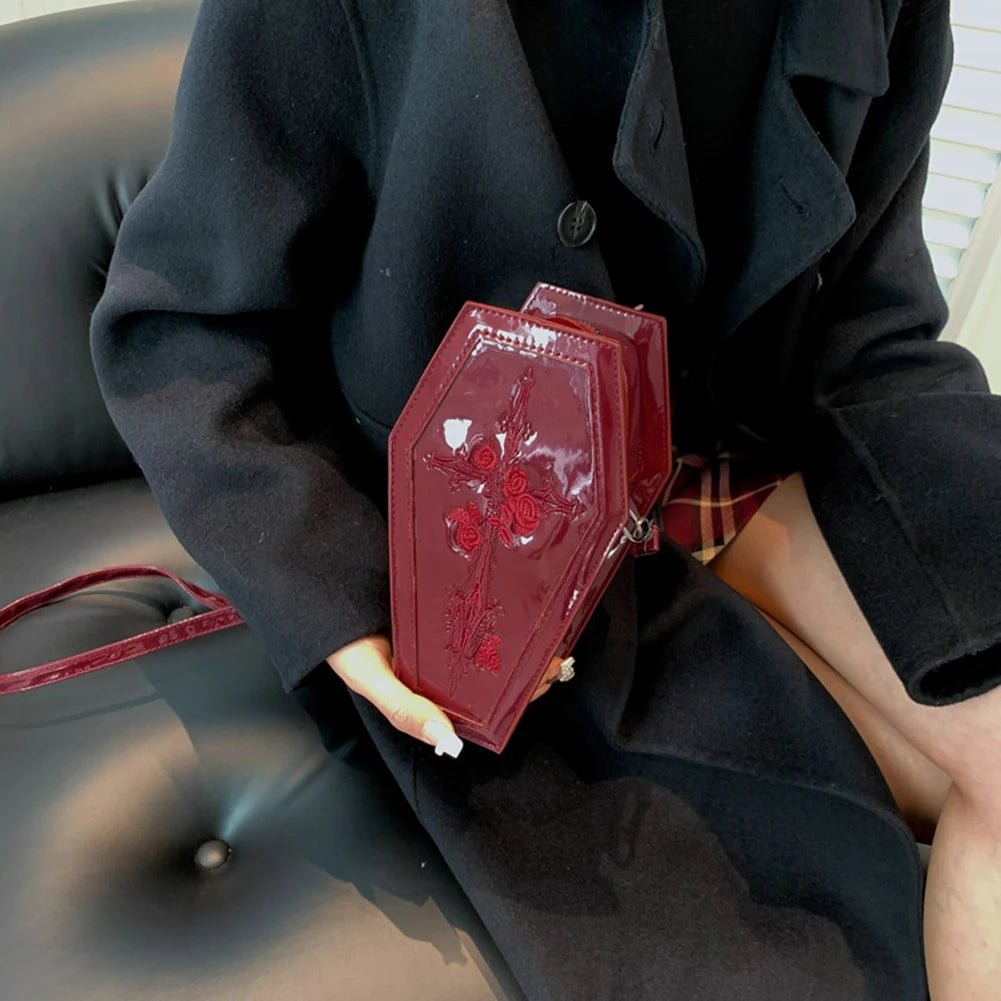 Women’s Coffin Satchel Cartoon Gothic Crossbody Bag – Rose Print Y2K Cellphone Pouch