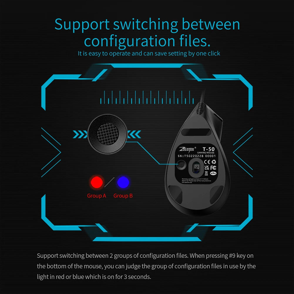 Zelotes T-50 Vertical Gaming Mouse – USB Wired Optical Mouse with 9 Buttons & Adjustable 12,800 DPI for PC & Laptop