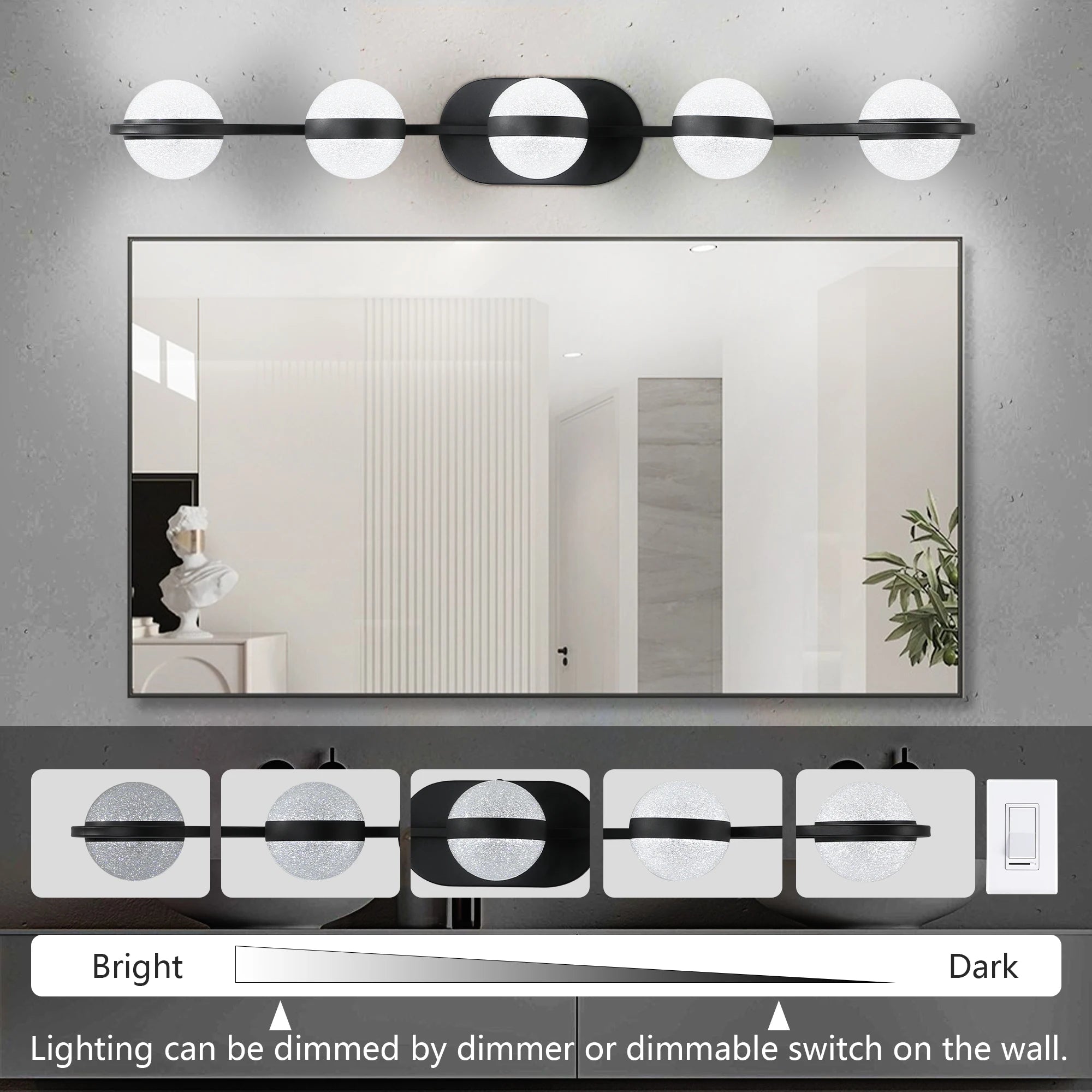 Modern Minimalist Bathroom Vanity Light – 5-Bulb LED Wall-Mounted Fixture with Frosted Glass Shades (Black Finish)