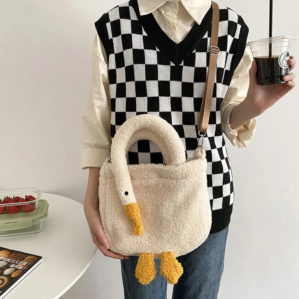 Women’s plush cartoon goose tote bag – soft casual fashion handbag, cute portable purse with adjustable strap for shopping & parties
