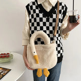 Women’s plush cartoon goose tote bag – soft casual fashion handbag, cute portable purse with adjustable strap for shopping & parties