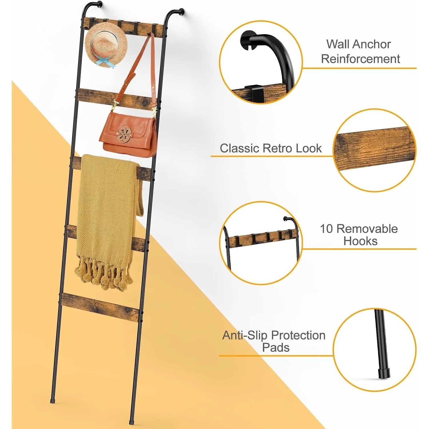 Blanket Ladder 5-Tier Towel Rack with 10 Hooks – Rustic Brown Wall-Leaning Storage Ladder