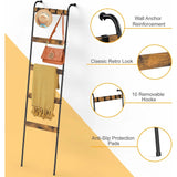 Blanket Ladder 5-Tier Towel Rack with 10 Hooks – Rustic Brown Wall-Leaning Storage Ladder