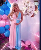 Women’s Sleeveless Maternity Dress – V-Neck Long Pregnancy Gown with Lace Splicing & Adjustable Condole Belt