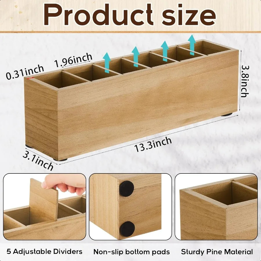 Rustic Wooden 6-Compartment Pen & Brush Holder – Adjustable Desk Organizer