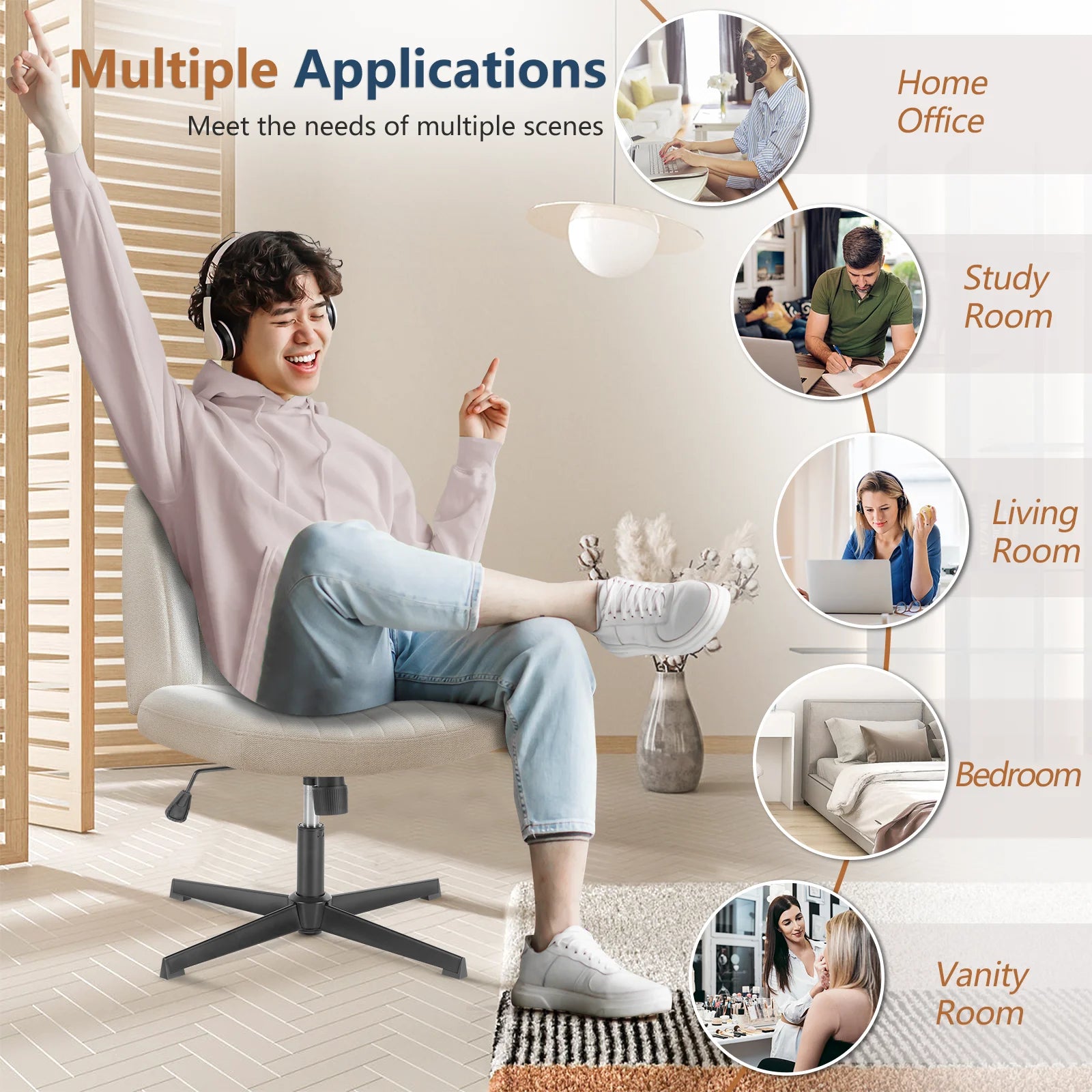 🪑 JHK Cross-Legged Rocking Gaming Chair – Armless Wide Fabric Swivel Task & Vanity Chair for Office & Living Room
