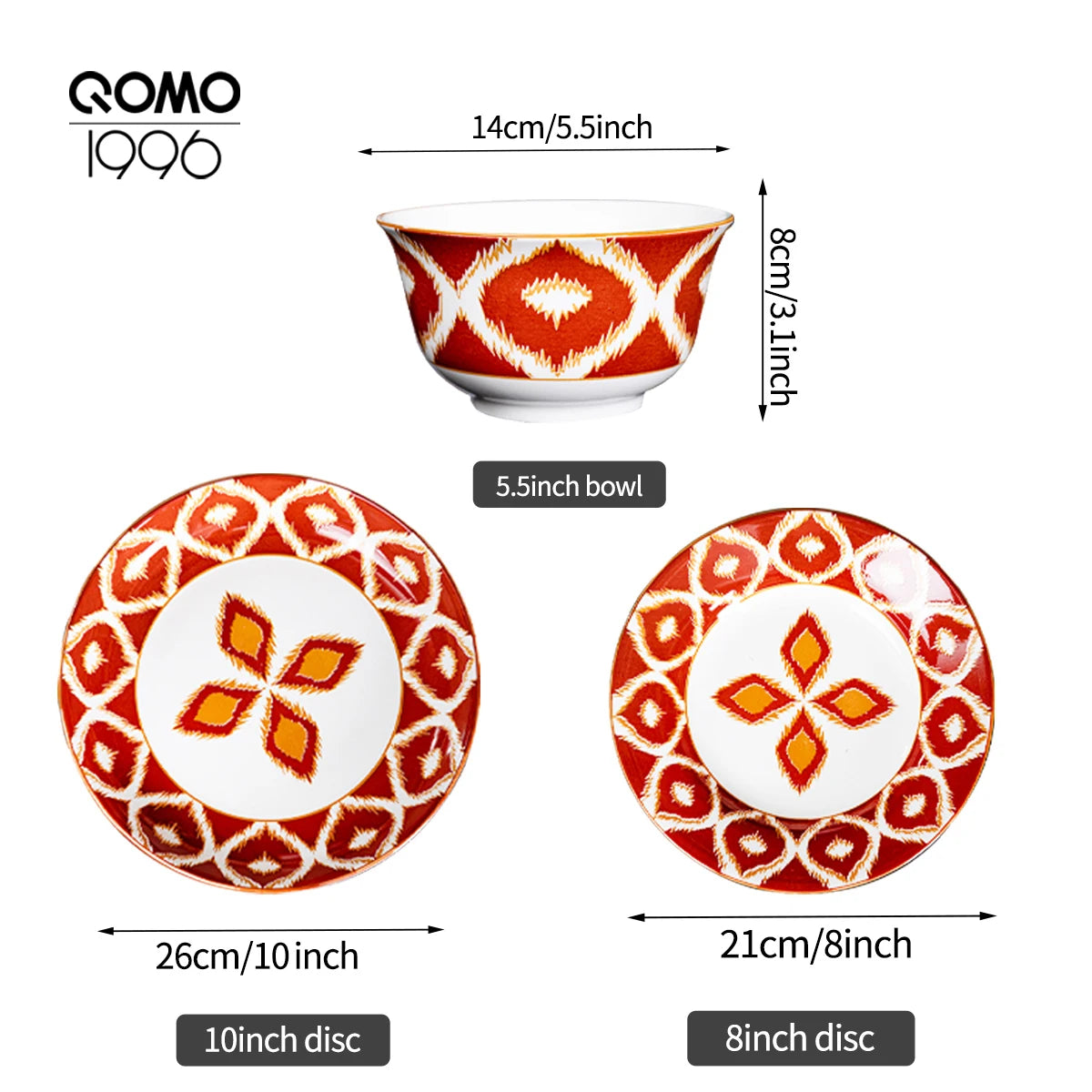12-Piece Porcelain Dinnerware Set – “Red Flame” Pattern Ceramics Tableware with Bowls, Soup Plates & Fruit Plates