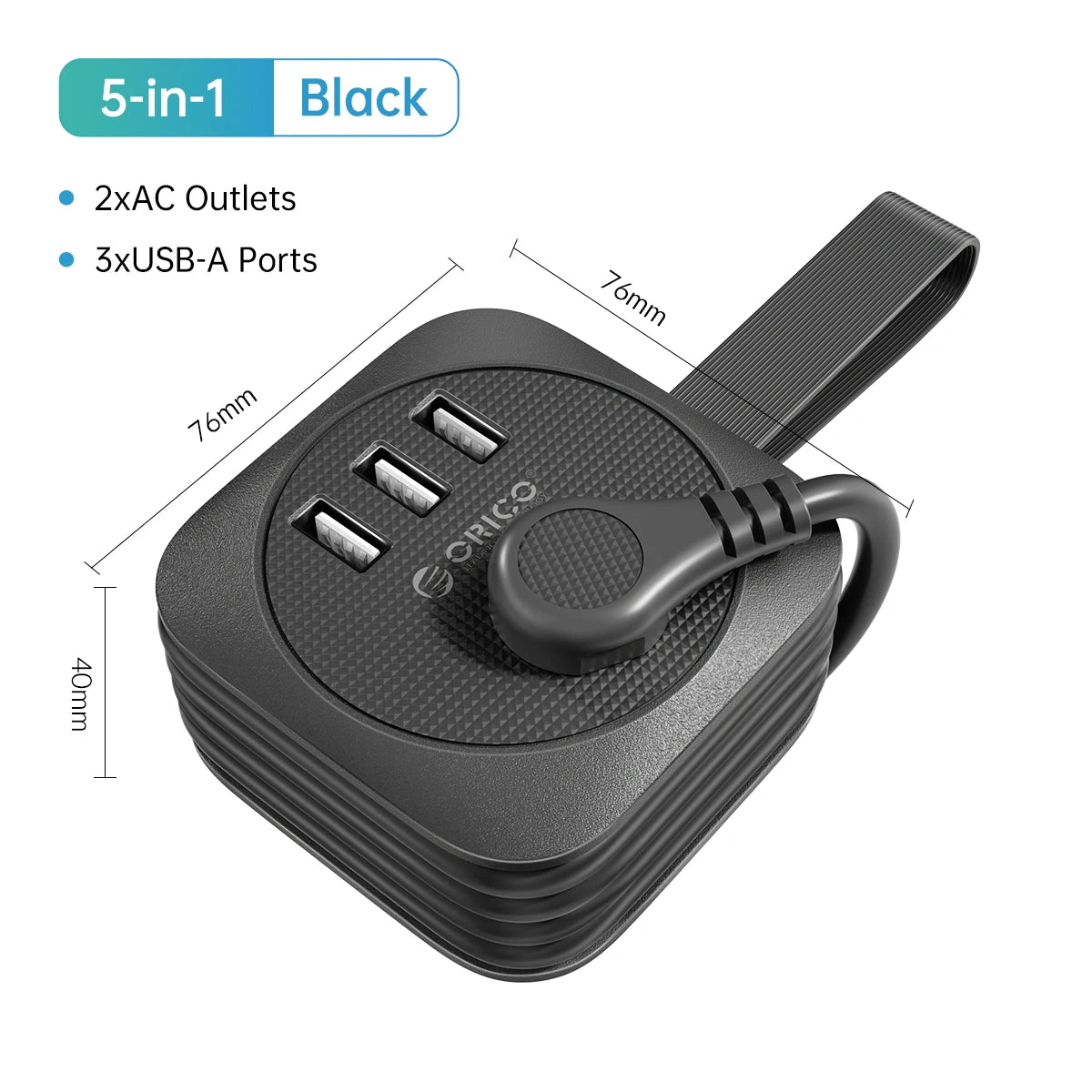 Orico Travel Power Strip – US Plug Extension Socket with 2 USB Ports & Type-C Fast Charge, Compact Multi-Outlet Adapter for Office & Travel