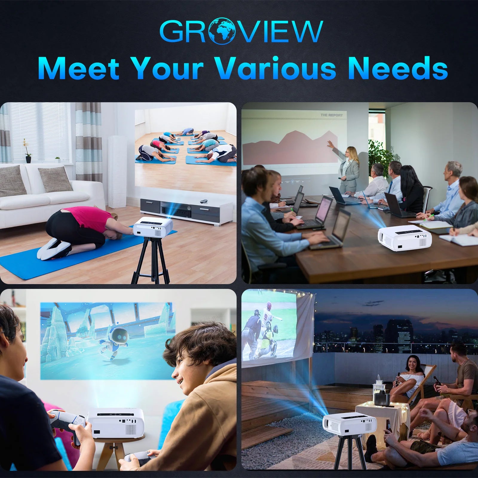 Groview Native 1080p Projector – Wi-Fi & Bluetooth, 15 000 Lux (490 ANSI), 300″ Display, 4K Support & 5G Sync