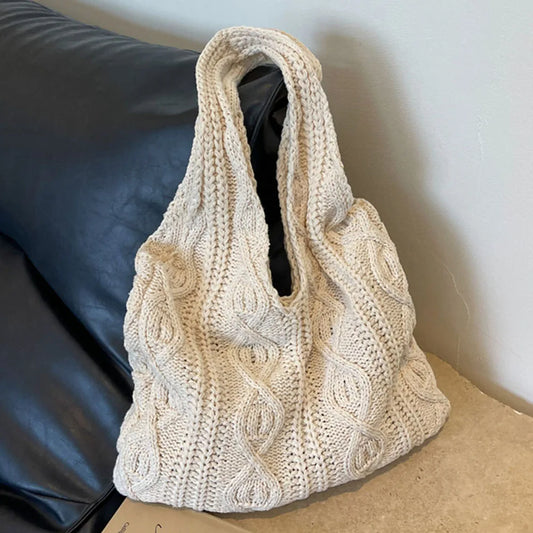 Wool-Knitted Shoulder Shopping Bag for Women – Vintage Cotton Cloth Tote, Large Crochet-Style Shopper Handbag