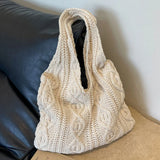 Wool-Knitted Shoulder Shopping Bag for Women – Vintage Cotton Cloth Tote, Large Crochet-Style Shopper Handbag