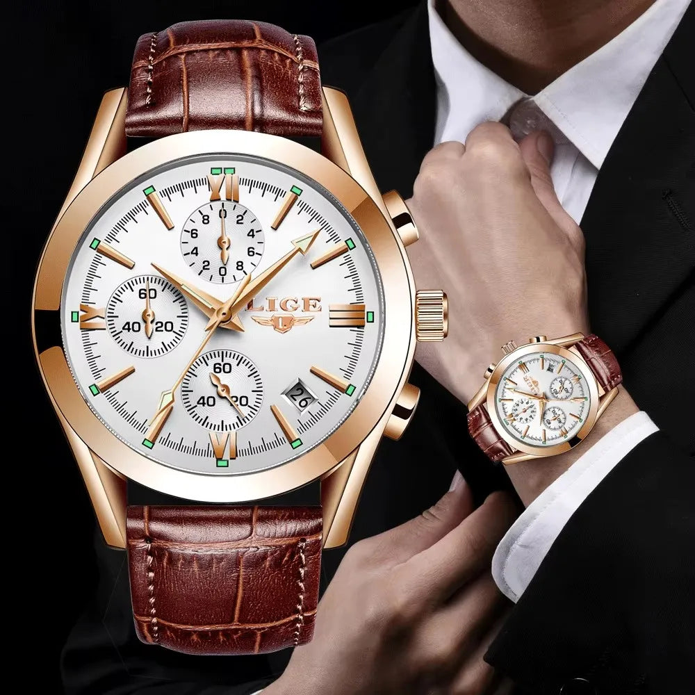 LIGE Men’s Luxury Waterproof Sport Watch – Luminous Quartz Military Leather Chronograph with Date Display