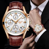 LIGE Men’s Luxury Waterproof Sport Watch – Luminous Quartz Military Leather Chronograph with Date Display
