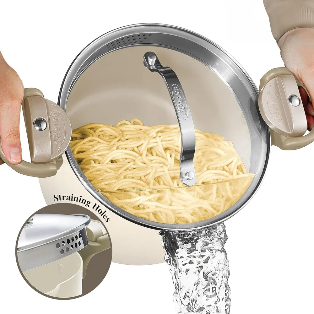 5-Quart Nonstick Ceramic Stock Pot with Glass Lid – Twist Lock Handles & Strainer for Easy Cooking 🍲✨