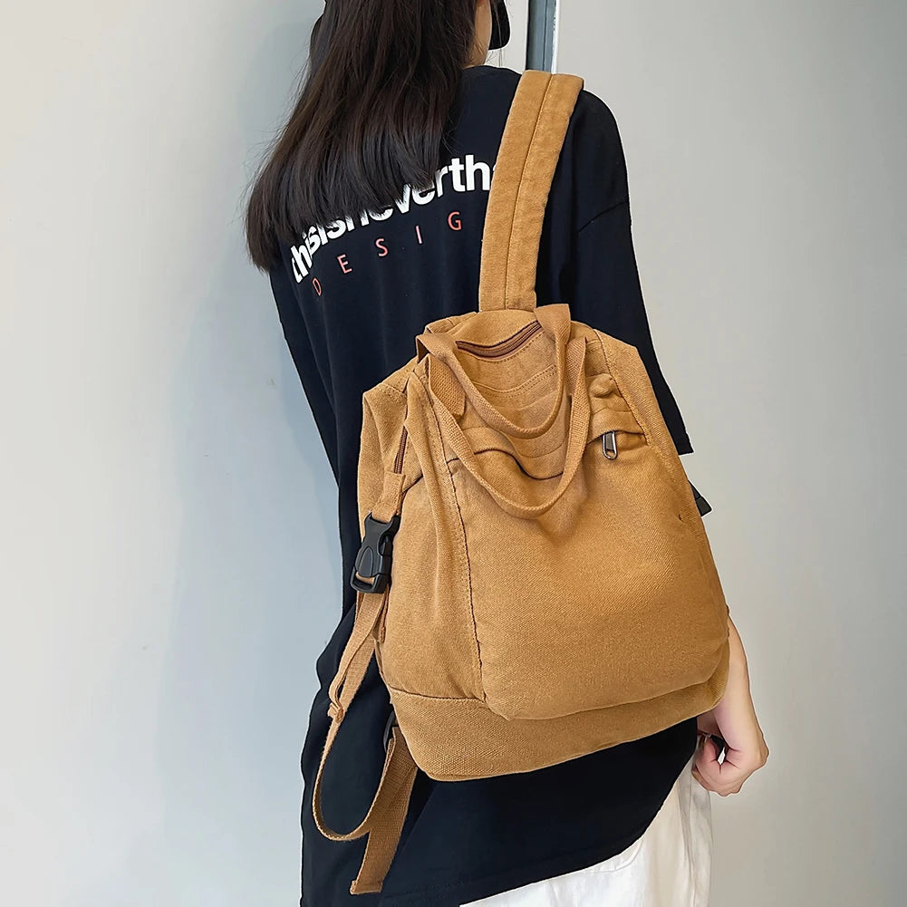 Simple Canvas College Schoolbag – Vintage Solid-Color Backpack for Students & Women | Large-Capacity 2024 Casual Bookbag