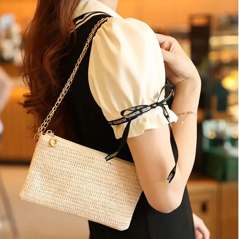 Straw Shoulder Chain Strap Crossbody Bag – Summer Casual Tote for Women