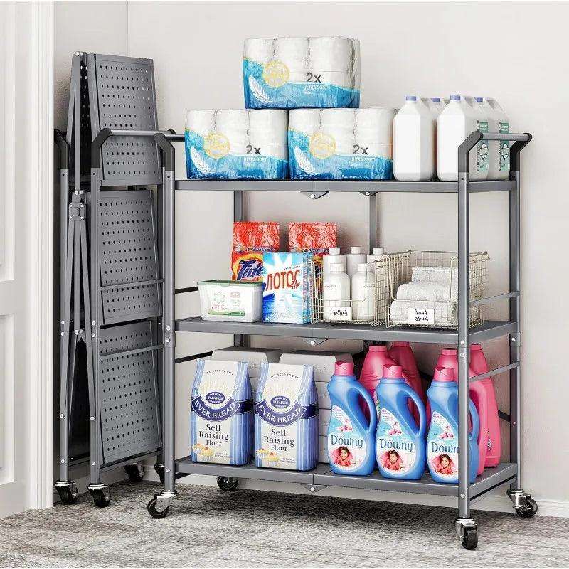 Rolling Utility Cart Folding Cart with Wheels - 3 Tier Collapsible Metal Cart - PulinGO