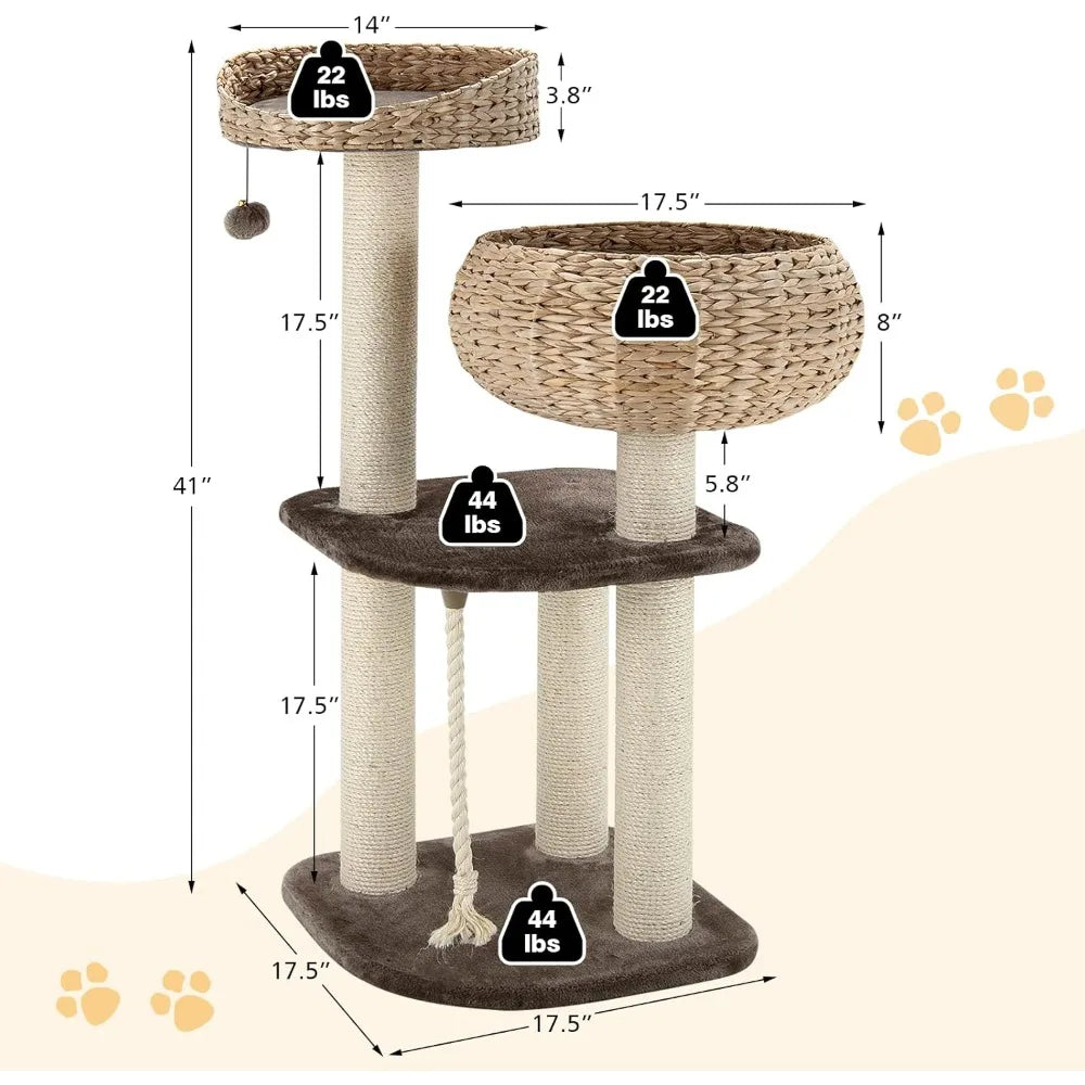 Tangkula Modern Cat Tree – Small Tall Indoor Cat Tower with Sisal Scratching Post & Handmade Wicker Cat Condo for Stylish Homes