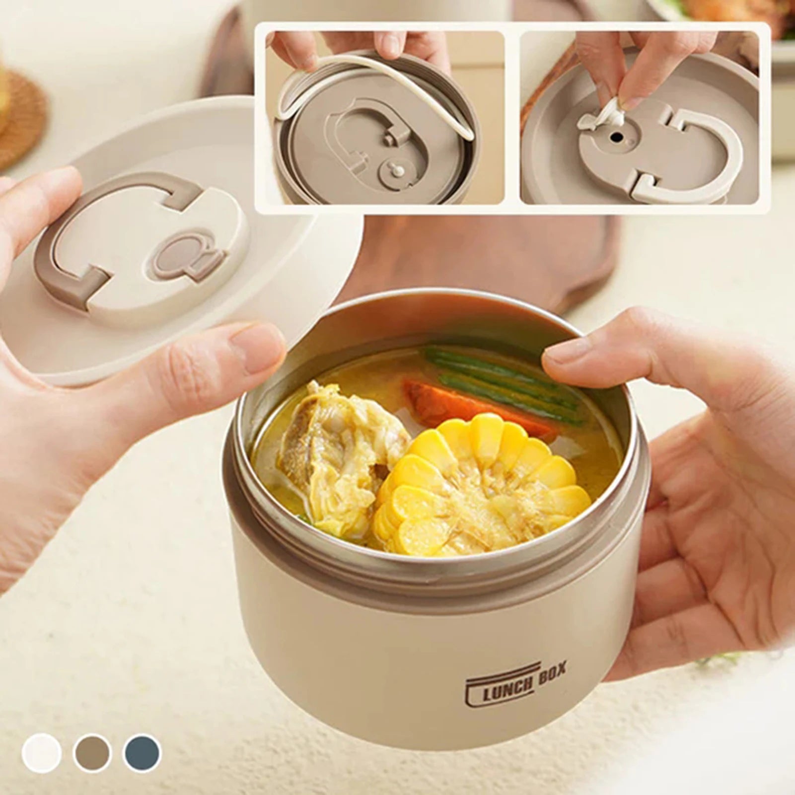 Leakproof Thermal Round Lunch Box with Folding Handle – Stainless Steel Insulated Food Jar