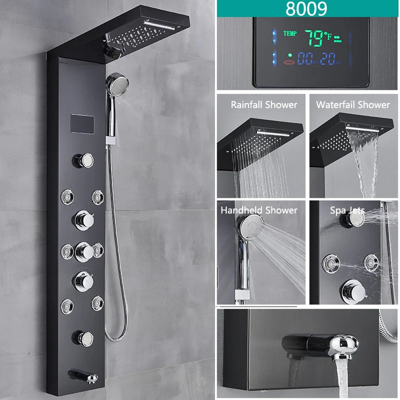 LED Light Rainfall Shower Panel System – Thermostatic Mixer Tap with Massage Jets & Digital Temperature Screen