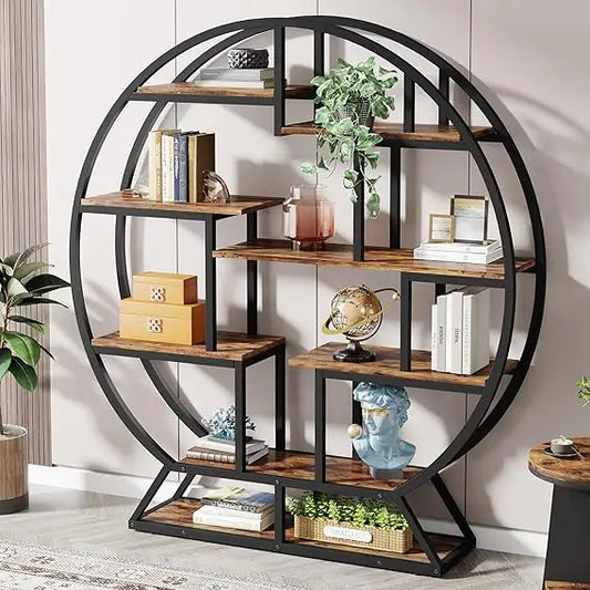 Round Industrial Etagere Bookcase – 63″ Tall with 14 Staggered Display Shelves & Metal Frame