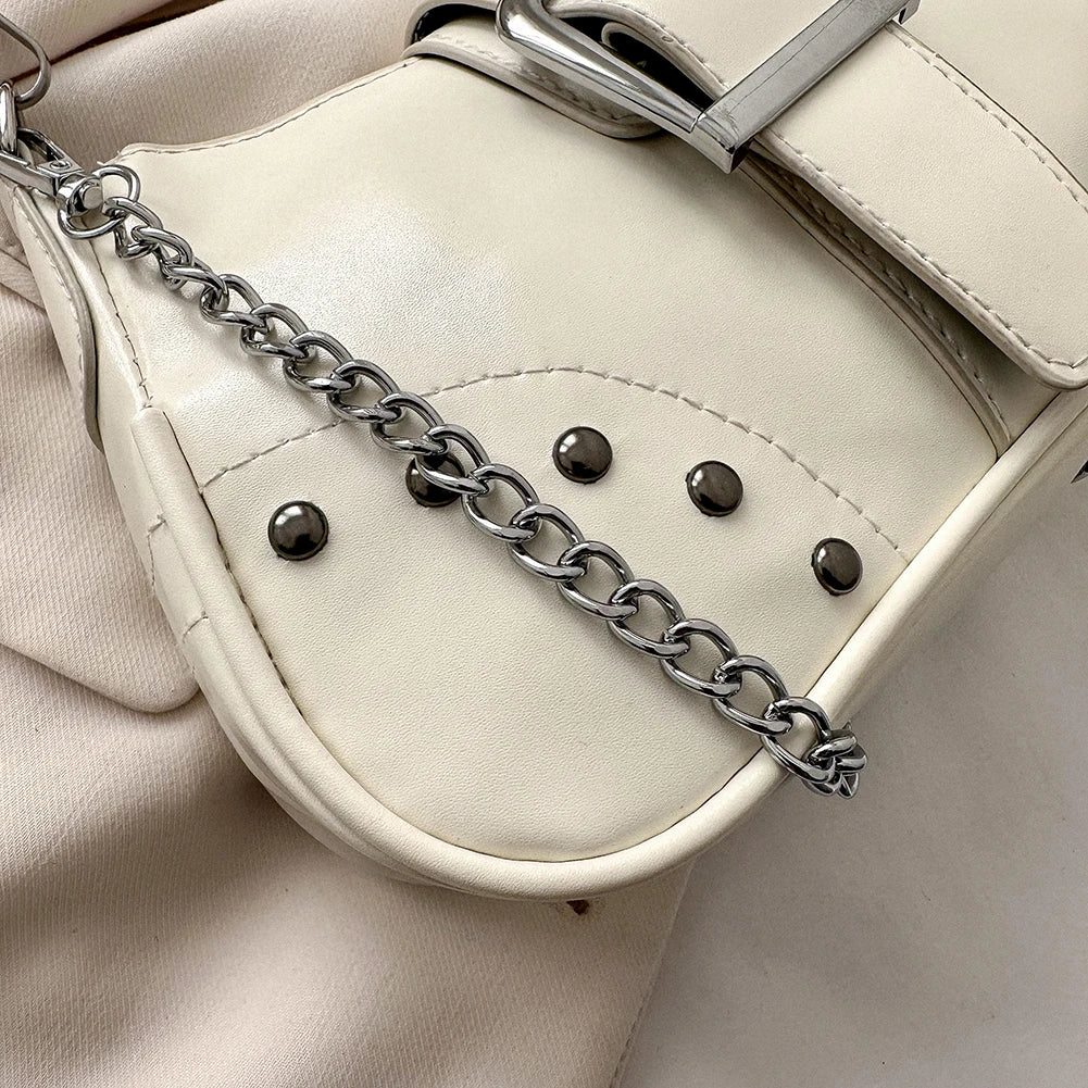 Women’s Crescent Armpit Bag – Solid Color Shoulder Bag with Chain Accent (Chic & Fashion Cool Style)