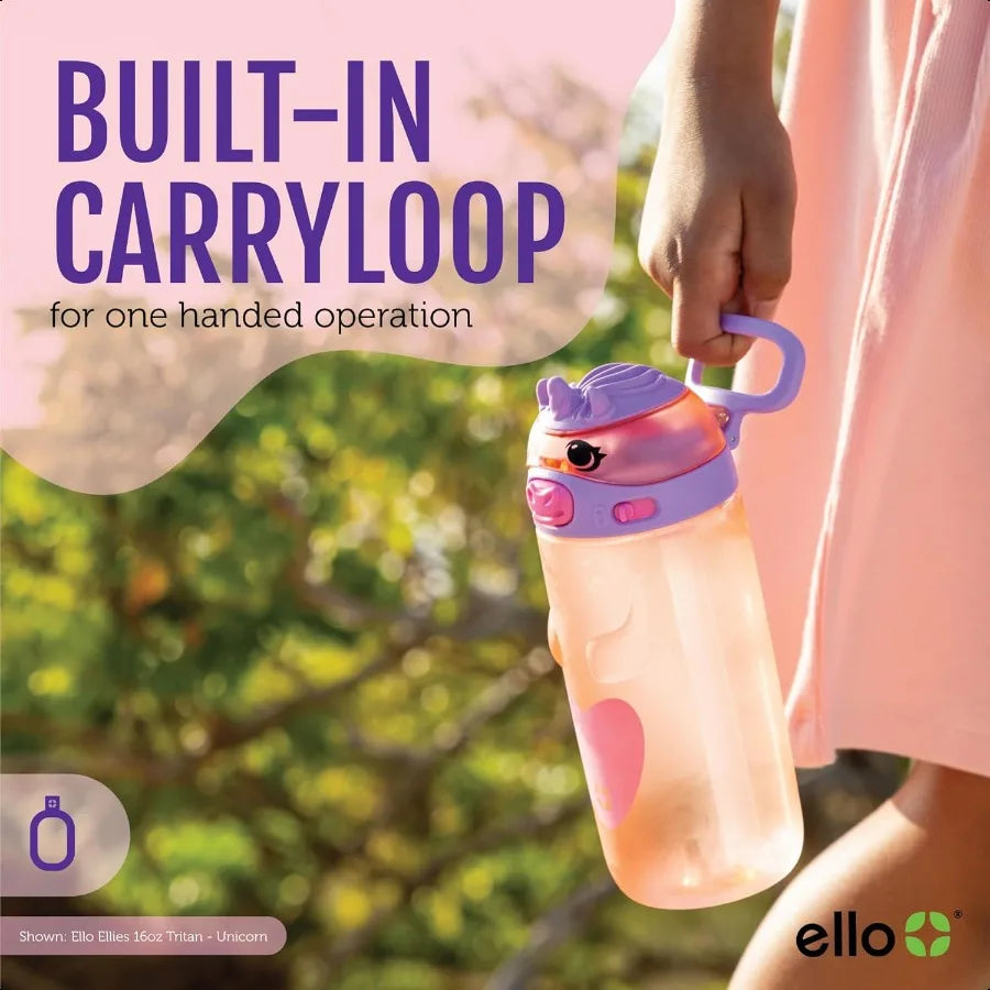 Ellies 16 oz Tritan Kids Water Bottle – Straw Lid, Carrying Handle & Leak-Proof Design for School & Lunchbox