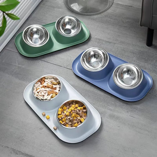 Stainless Steel Double Cat & Dog Bowl – Tilted Pet Food & Water Feeder with Non-Slip Base for Neck Safety 🐾🥣