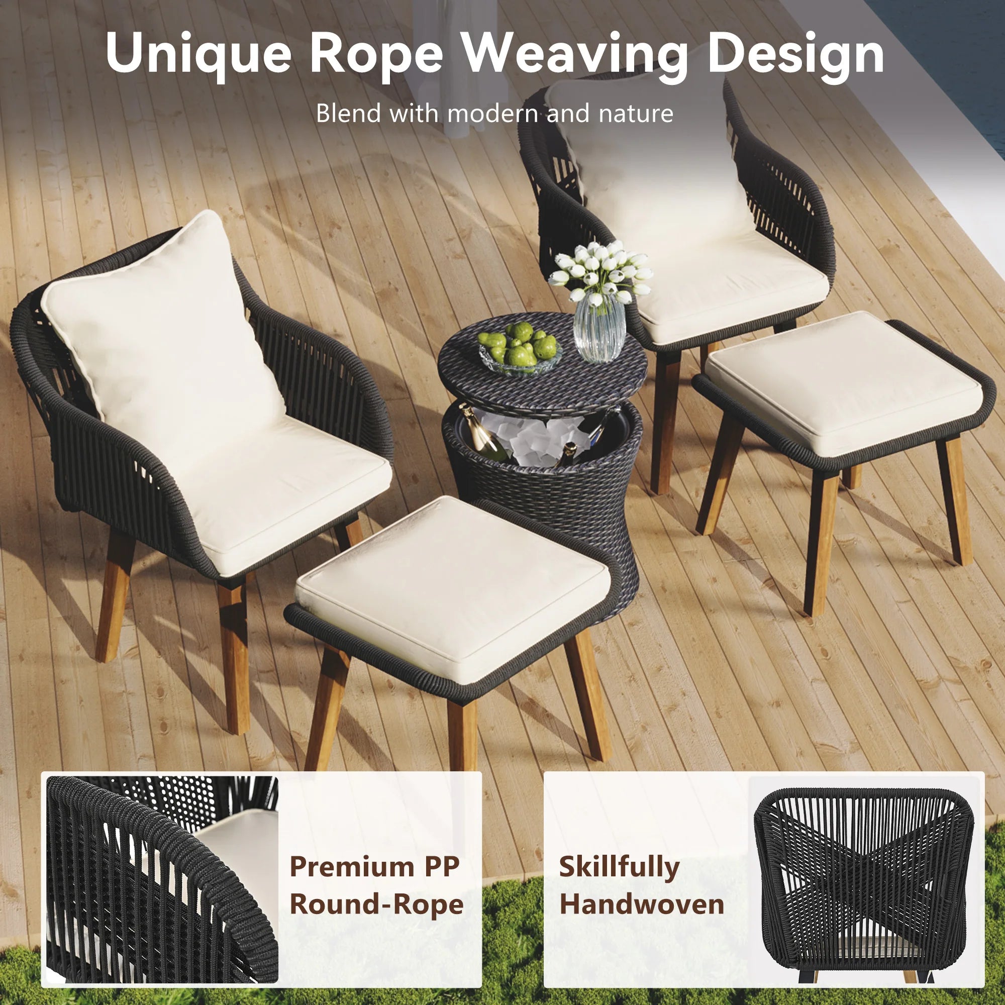 “5-Piece Outdoor Patio Furniture Set – Wicker Bar Table with 2 Single Chairs & 2 Stools for Balcony or Garden”