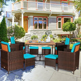 “9-Piece Rattan Wicker Patio Dining Set – Outdoor Dining Table & Chairs with Turquoise Cushions”