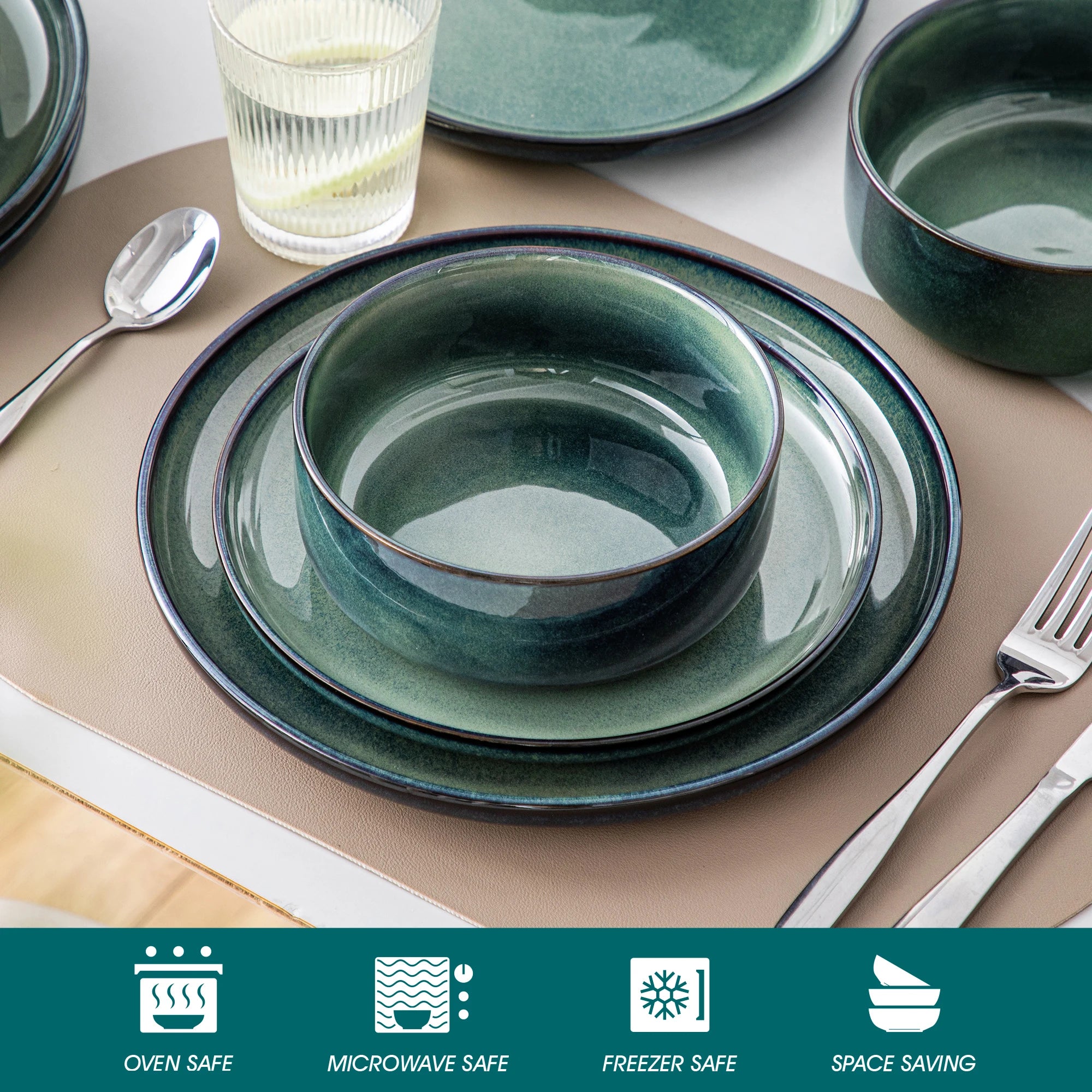 Vancasso Green Reactive Glaze Stoneware Dinnerware Set – Scratch-Resistant, 12/18 Piece Stylish Tableware