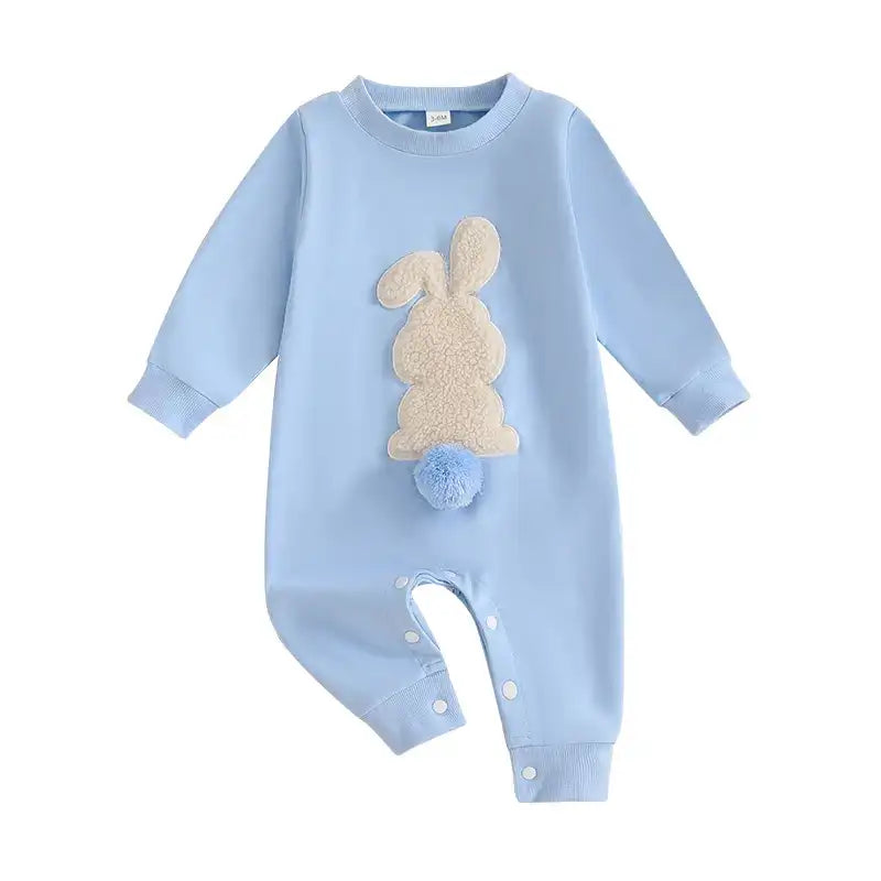 Plush Bunny Embroidery Romper Jumpsuit – Long Sleeve Crew-Neck Spring Infant Outfit for Baby Girls & Boys