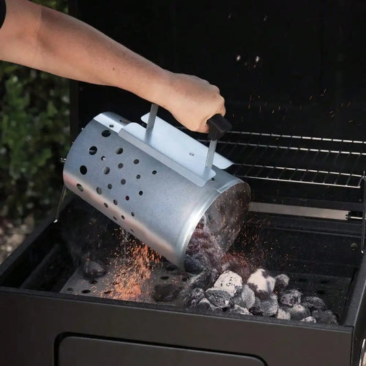 “Grill Charcoal Chimney Starter – Outdoor BBQ Fire Starter with Safety Handles for Camping & Backyard Grilling”