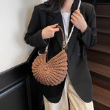 Women’s Handwoven Seashell Beach Bag – Boho Summer Shoulder & Crossbody Clutch with Pearl Chain for Travel & Vacation