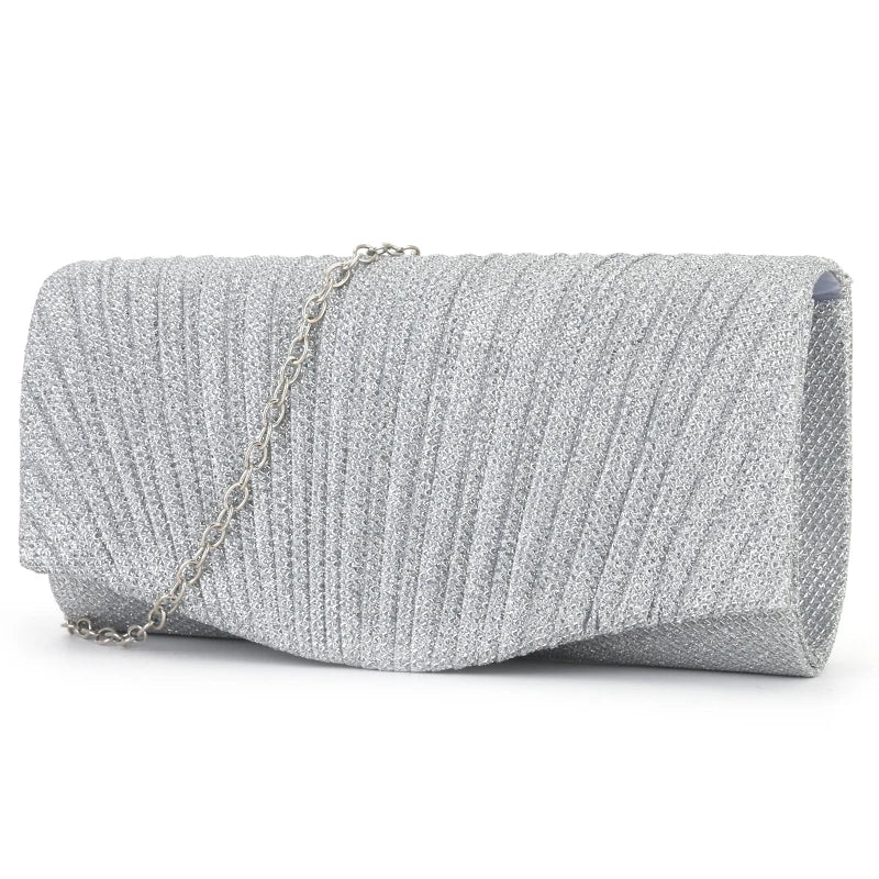 Women’s Fold Glitter Envelope Clutch – Shiny Silver Pleated Evening Bag with Chain Strap for Weddings & Parties