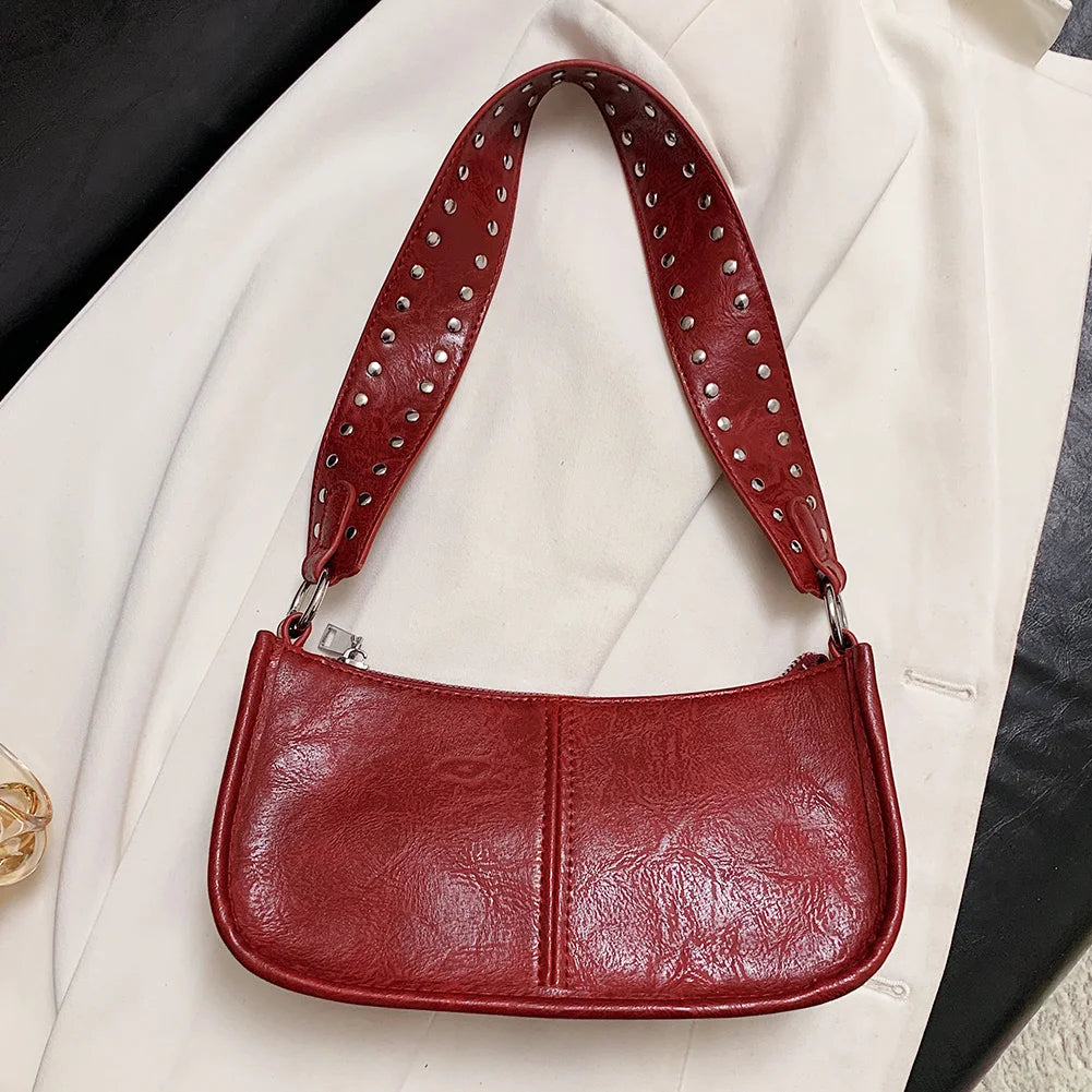 Studded Decor Under-Arm Satchel Bag – Adjustable Strap PU Leather Daily Shoulder Bag for Women