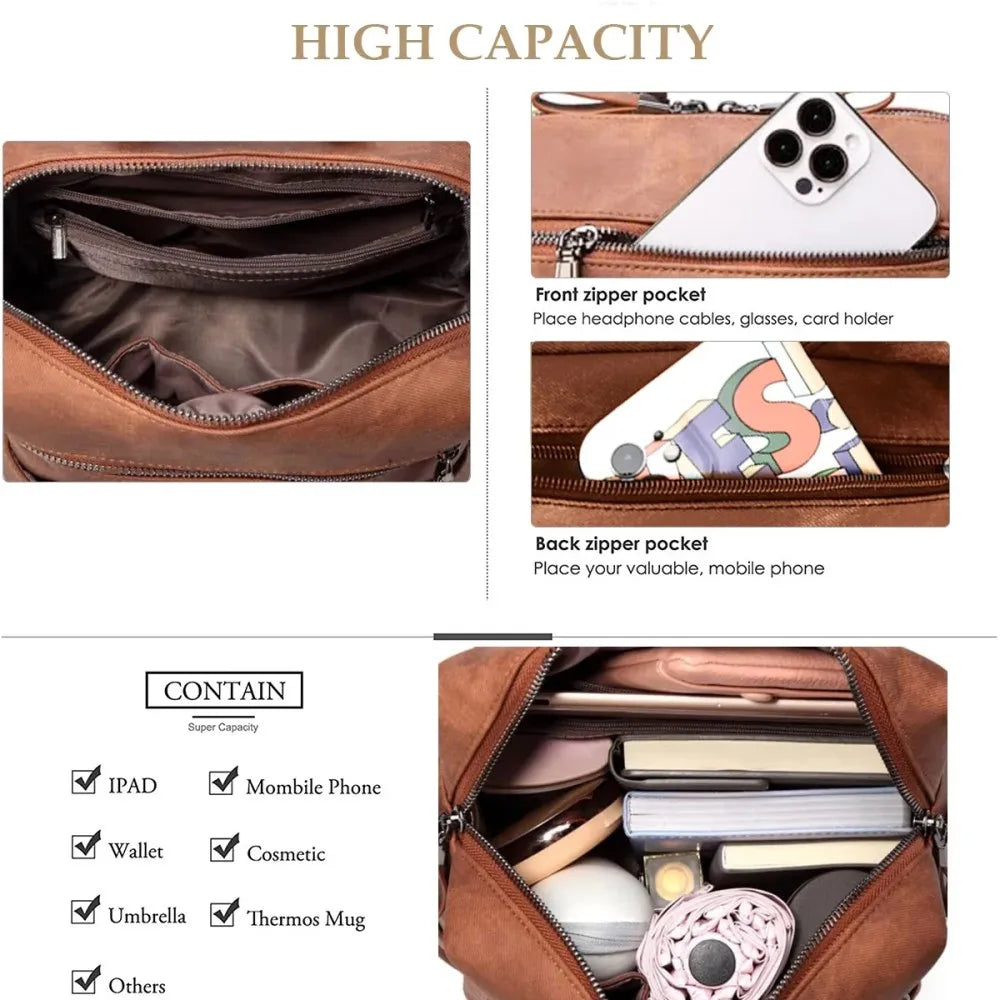 Waterproof PU Leather Backpack Purse for Women – Brown Casual Shoulder Handbag