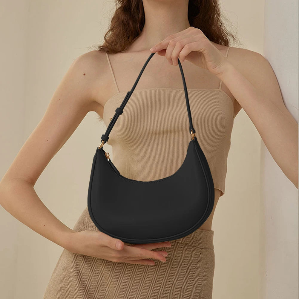 Half-Moon PU Leather Under-Arm Small Tote Bag – Women’s Solid Colour Casual Shoulder