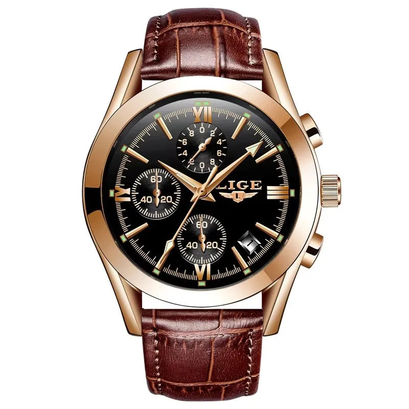 LIGE Men’s Luxury Waterproof Sport Watch – Luminous Quartz Military Leather Chronograph with Date Display