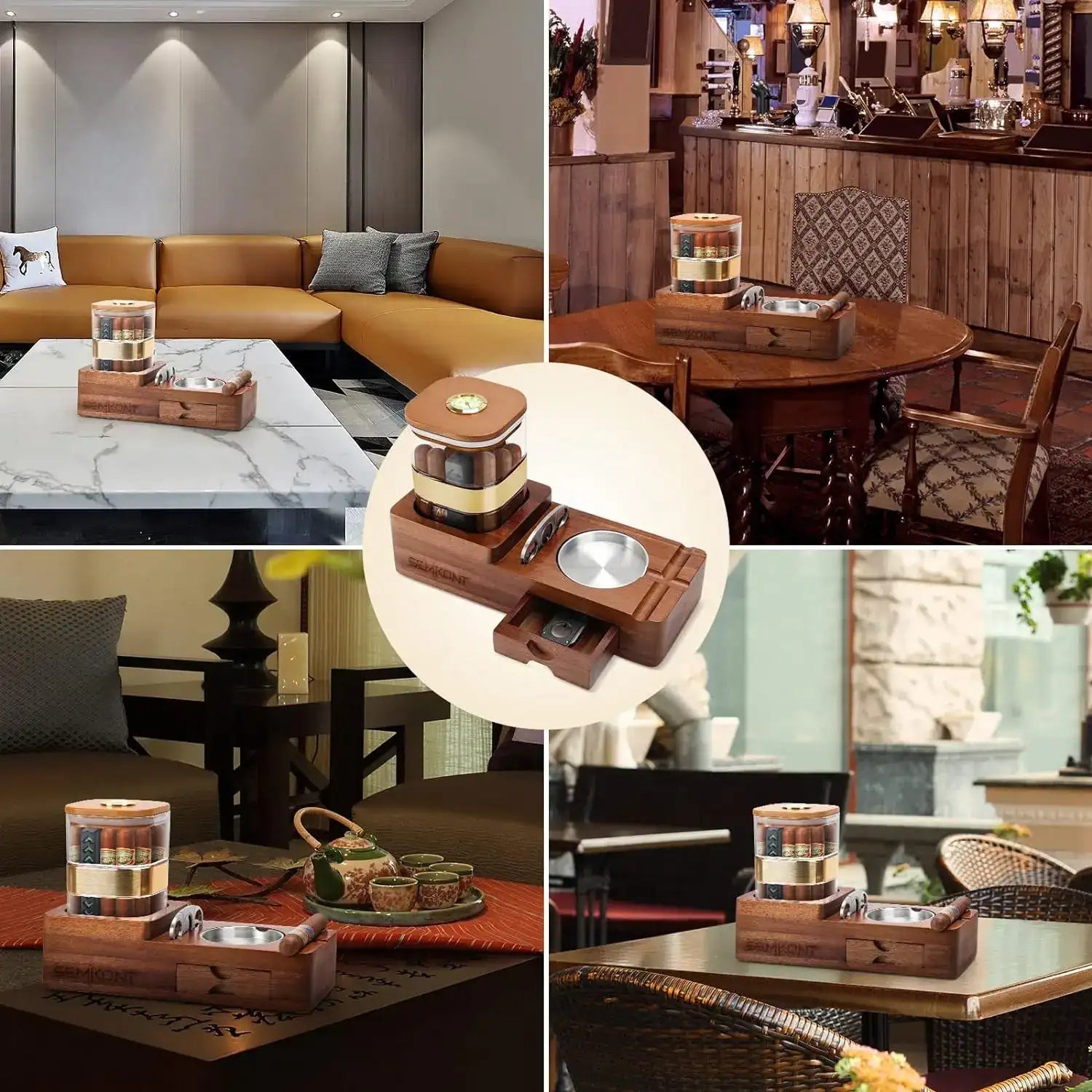 Wooden Cigar Humidor & Ashtray Set with Drawer, Cigar Jar, Cigar Cutter & Slot Organizer