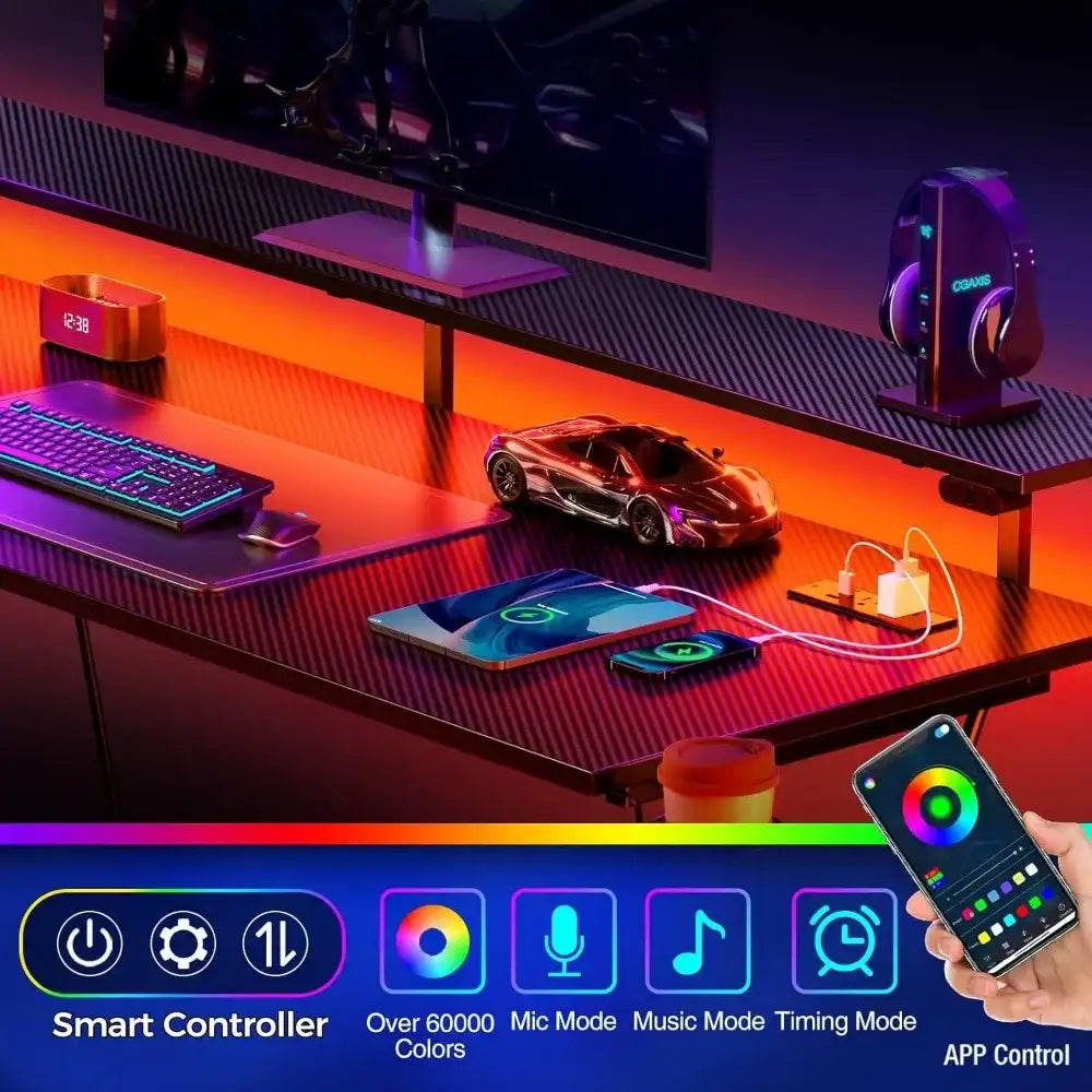 Gaming Desk with LED Lights & Built-in Power Outlets – Computer Desk with Monitor Shelf