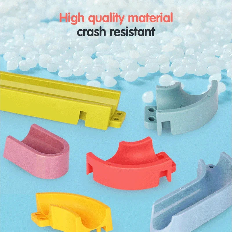 “Baby Marble Runs DIY Bath Toys – Assembled Slide Track Bathtub Game with Ball Bearing Sliders for Kids”