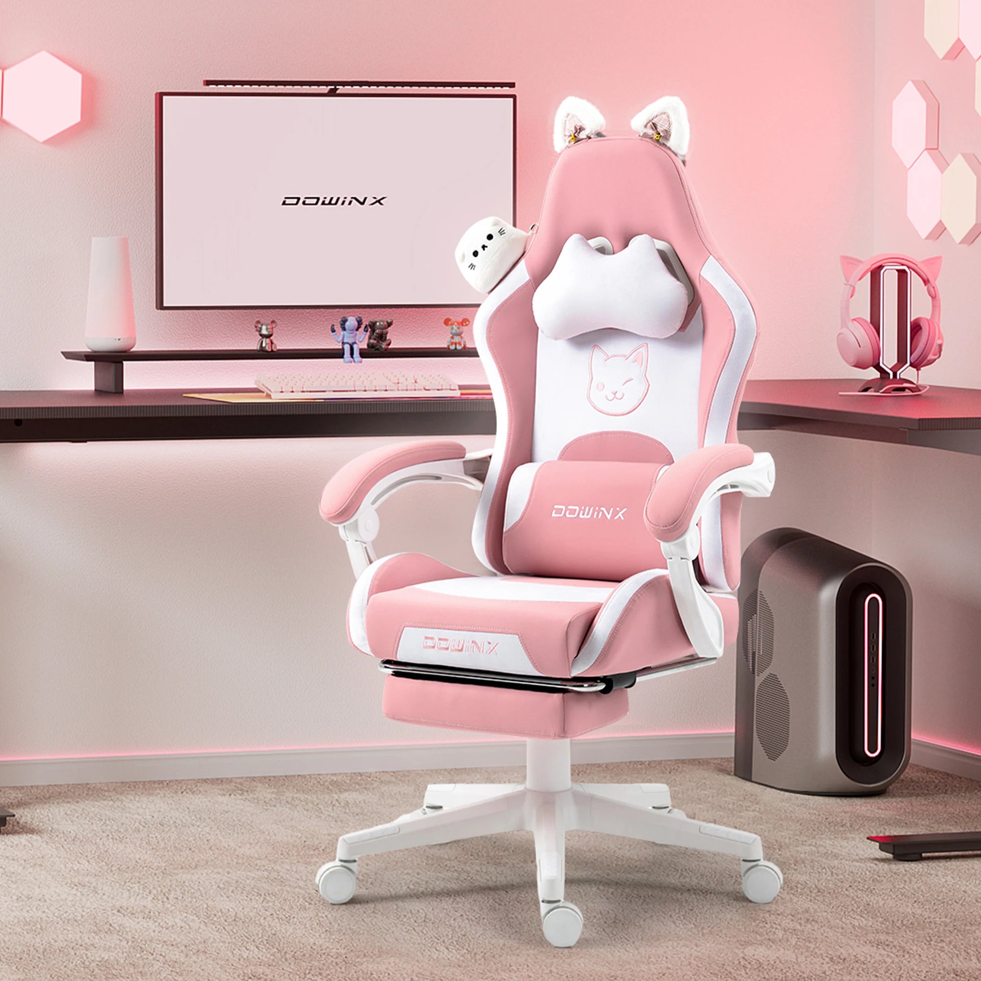 Dowinx Cute Gaming Chair with Cat Ears – Ergonomic Computer Chair with Massage Lumbar Pillow, Footrest & Headrest for Girls & Teens