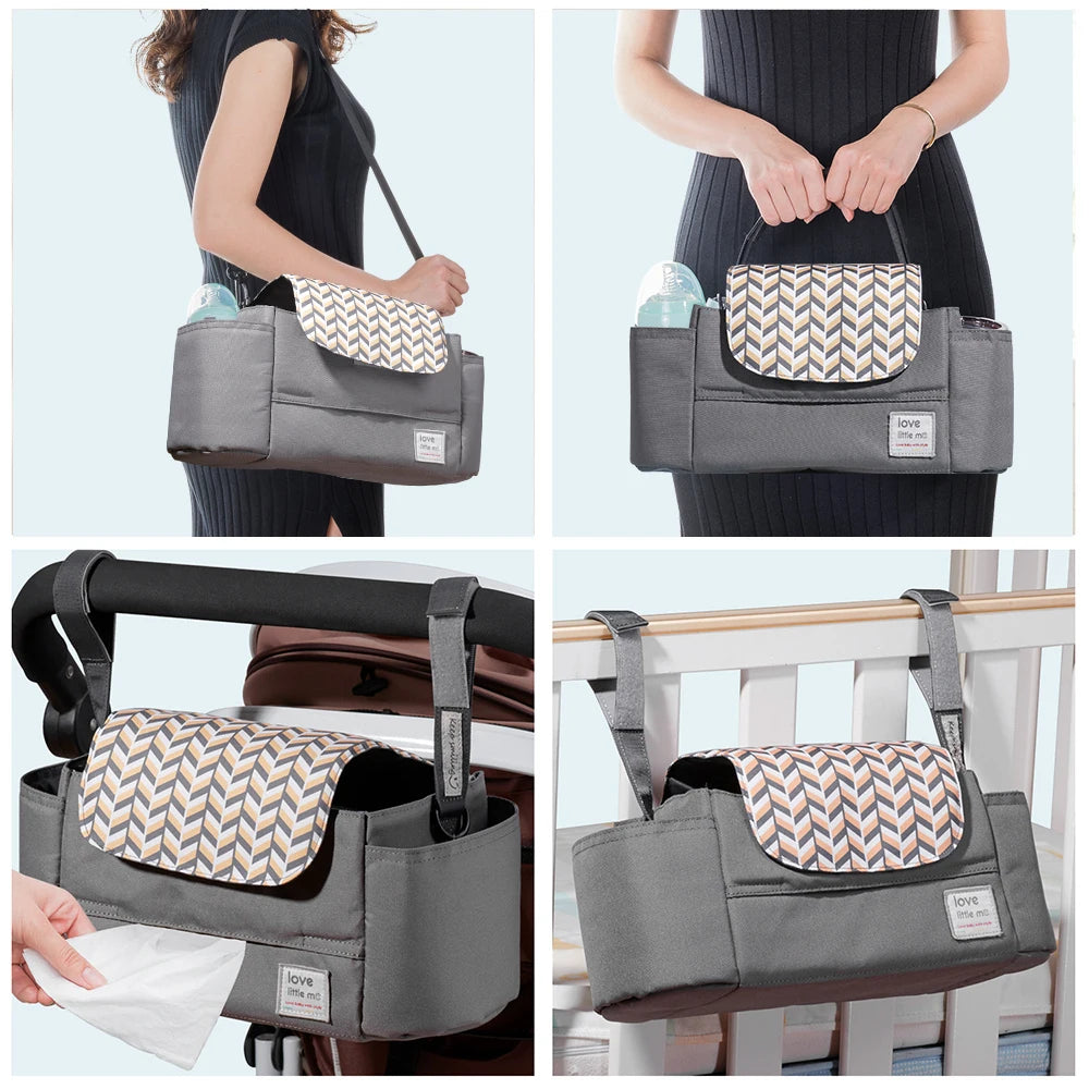 Universal Baby Stroller Organizer & Expandable Diaper Bag – Shoulder Strap, Cup Holder & Zipper Pocket Travel Caddy