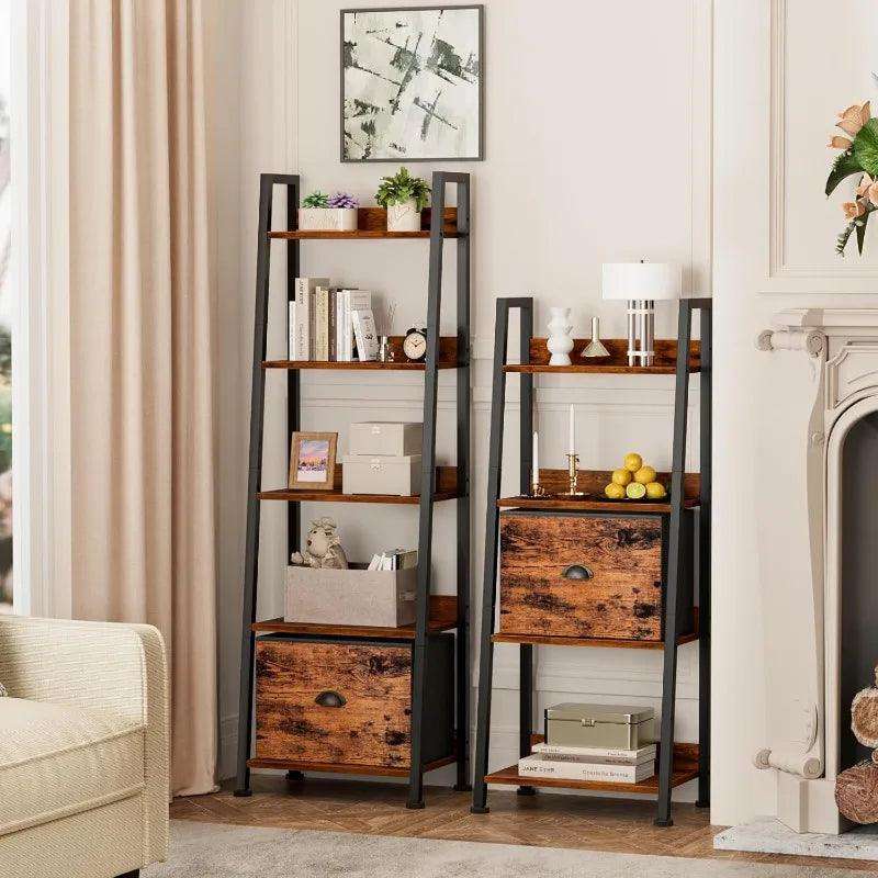 5-Tier Ladder Shelf, Ladder Bookshelf with Removable Drawer, Rustic Bookcase Storage Rack Organizer, Wood Metal Freestanding - PulinGO