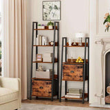 5-Tier Ladder Shelf, Ladder Bookshelf with Removable Drawer, Rustic Bookcase Storage Rack Organizer, Wood Metal Freestanding - PulinGO